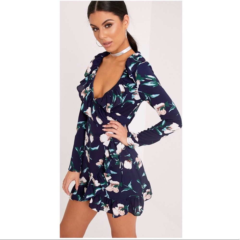 Navy Floral Wrap Tea Dress
